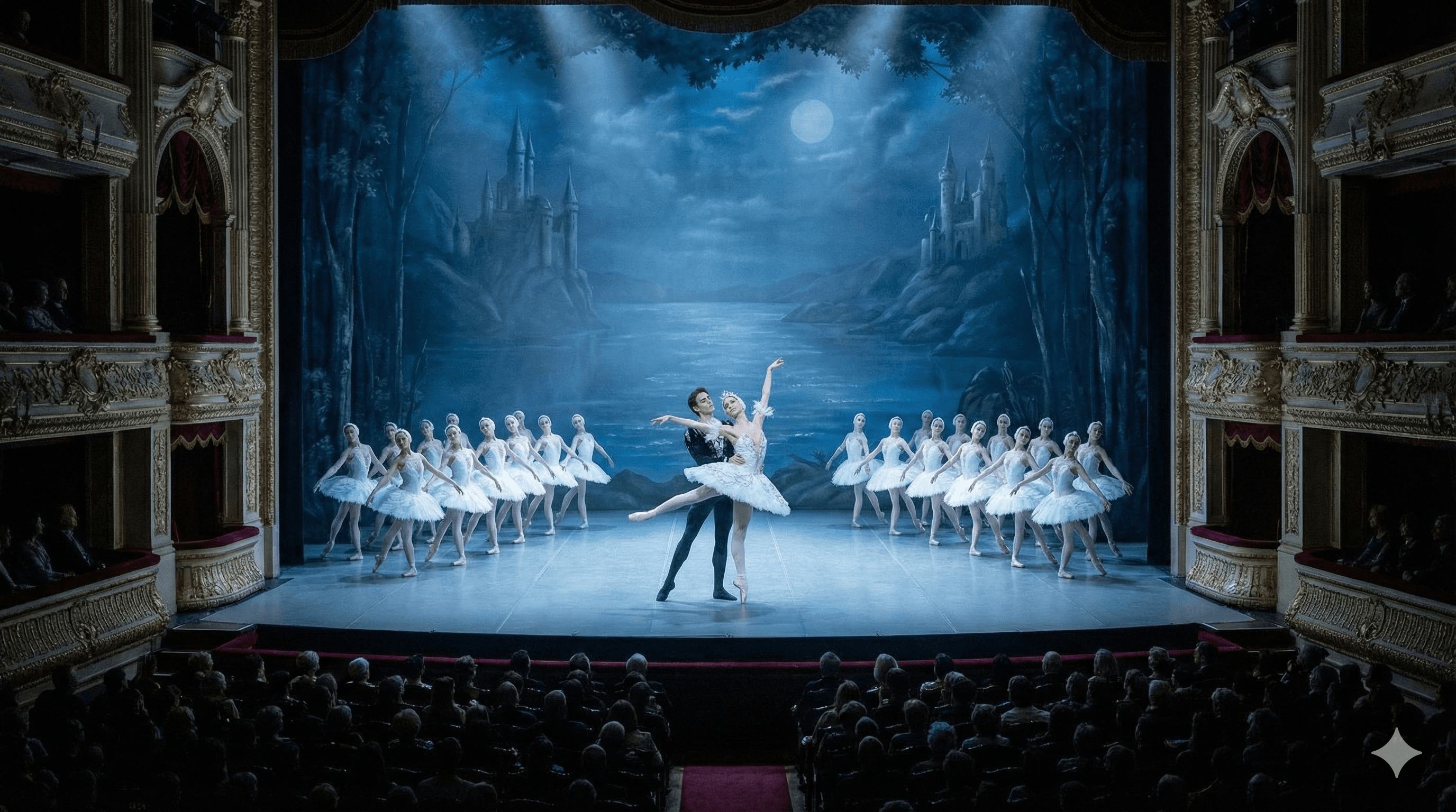 Dansend koppel op het podium in een volle theaterzaal