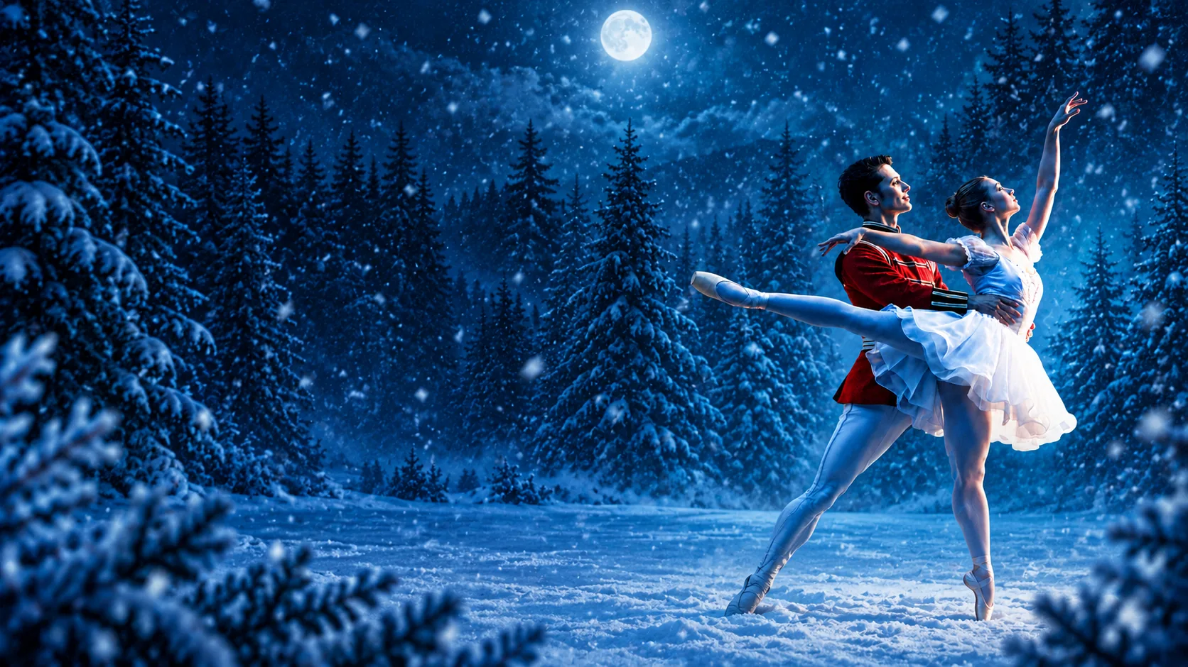 Dansend balletkoppel in een winters decor